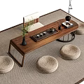Natural Wooden Tea Table With Four Rattan Stools And Tea Set Decoration