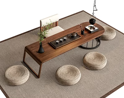 Natural Wooden Tea Table With Four Rattan Stools And Tea Set Decoration 3d model