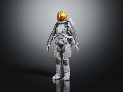 Astronaut in Gray Spacesuit with Golden Helmet on Reflective Floor Gray Background 3d model