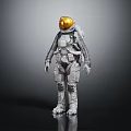 Astronaut in Gray Spacesuit with Golden Helmet on Reflective Floor Gray Background