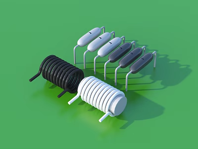 Black White Gray Coils with Stands Arranged on Green Background 3d model