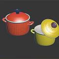 Stylish Red And Yellow Lidded Cooking Pots With Handles For Daily Kitchen Use