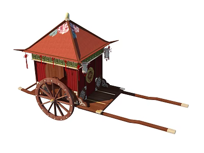 Ancient Chinese Carriage With Red Roof Decorative Details And Wooden Wheels 3d model