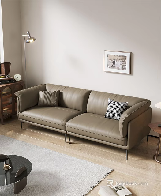 Beige Leather Two Seater Sofa With Solid Checkered Cushions Wooden Side Cabinet And Wall Art 3d model 