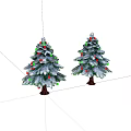 Two Festive Decorated Christmas Trees With Snow Ornaments And Green Branches