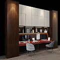 Home Office Setup Desk and Chair Set with White Cabinets Wooden Elements Computers and Decorations