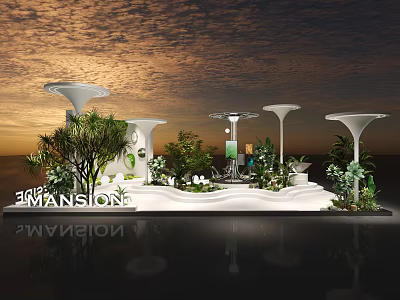 Modern Outdoor Scene With White Umbrella Like Structures Green Plants Water Reflections And Sunset Sky 3d model