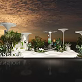 Modern Outdoor Scene With White Umbrella Like Structures Green Plants Water Reflections And Sunset Sky 3d model