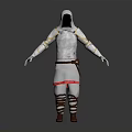 Hooded White Outfit With Red Trim Brown Belt Straps Leggings And Boots