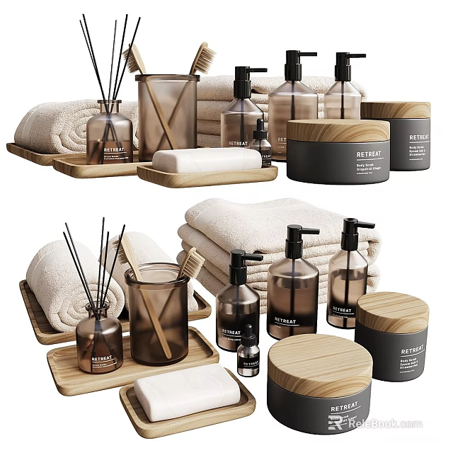 Elegant Bathroom Essentials With Towels Diffuser Bottles Jars And Wooden Trays 3d model