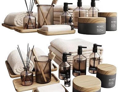 Elegant Bathroom Essentials With Towels Diffuser Bottles Jars And Wooden Trays 3d model