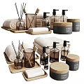 Elegant Bathroom Essentials With Towels Diffuser Bottles Jars And Wooden Trays 3d model