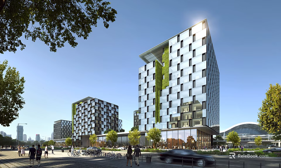 Modern Office Building With Glass Facade Geometric Design And Vertical Greenery Near Pedestrians Trees 3d model 