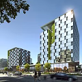 Modern Office Building With Glass Facade Geometric Design And Vertical Greenery Near Pedestrians Trees