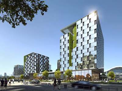 Modern Office Building With Glass Facade Geometric Design And Vertical Greenery Near Pedestrians Trees 3d model
