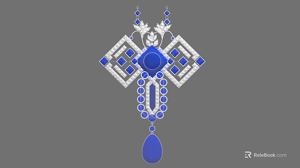 Elegant Geometric Jewelry Pendant With Blue Gemstones White Diamonds Symmetrical Design And Teardrop Shape 3d model 