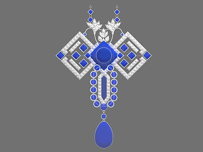 Elegant Geometric Jewelry Pendant With Blue Gemstones White Diamonds Symmetrical Design And Teardrop Shape 3d model