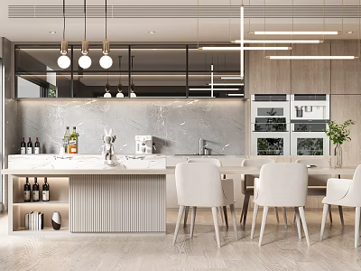 Modern Restaurant Interior Design With Island Dining Table Chairs Pendant Lights And Cabinets 3d model