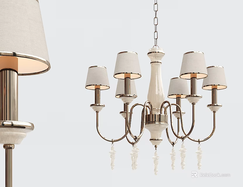 Elegant Modern Chandelier With White Lampshades Metal Frame And Decorative Design 3d model 