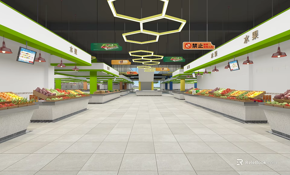 Spacious Supermarket Interior With Stocked Fruit Vegetable Shelves Hexagonal Pendant Lights And Green Pillars 3d model 