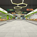 Spacious Supermarket Interior With Stocked Fruit Vegetable Shelves Hexagonal Pendant Lights And Green Pillars