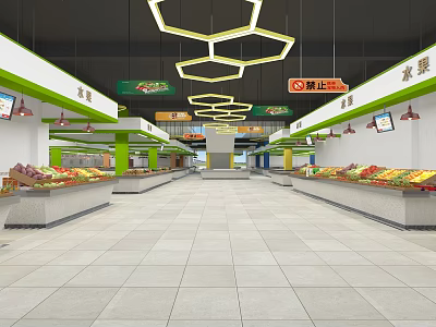 Spacious Supermarket Interior With Stocked Fruit Vegetable Shelves Hexagonal Pendant Lights And Green Pillars 3d model