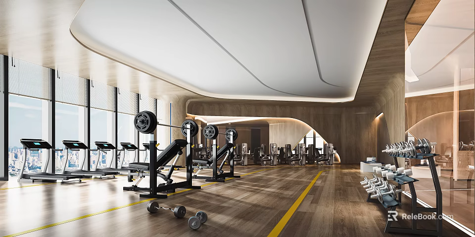 Spacious Modern Gym With Treadmills Barbells Dumbbells Wooden Flooring And Large Windows 3d model 