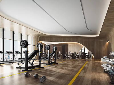 Spacious Modern Gym With Treadmills Barbells Dumbbells Wooden Flooring And Large Windows 3d model