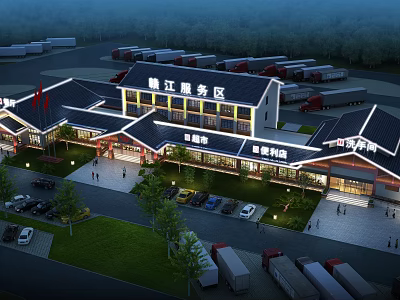 Traditional Chinese Style Service Area Exterior With Parking Lot Greenery And Facilities 3d model