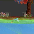 Bird Flying Near Water Surface Catching Fish By Red Tree With Green Grass And Tulips