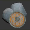 Round Wooden Shield With Blue Decorative Pattern And Gemstone Beside Textured Stones