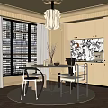Elegant Modern Dining Room with Round Table Chairs Pendant Light Window Blinds and Wall Art