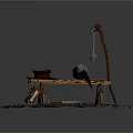 Vintage Wooden Bench Setup With Hat Boots Bell Pole And Blue Blocks