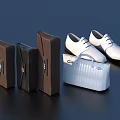 White Lace Up Shoes With Brown Black Shoe Boxes And Silver Handbag On Dark Background