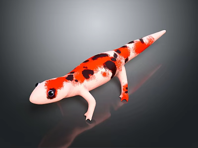 Colorful Reptile Salamander With Pink Body Red And Black Spots On Dark Reflective Surface 3d model