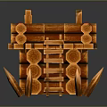 Detailed Wooden Log Fortress Structure With Ladder Red Cloth And Decorative Spikes