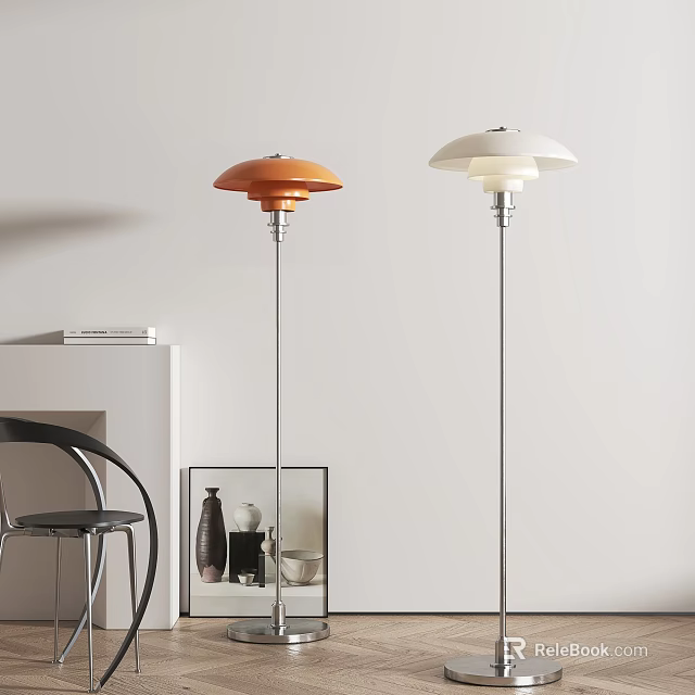 Modern Minimalist Orange and White Interior Floor Lamps with Dome Shade and Side Chair 3d model 