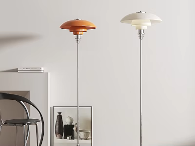 Modern Minimalist Orange and White Interior Floor Lamps with Dome Shade and Side Chair 3d model