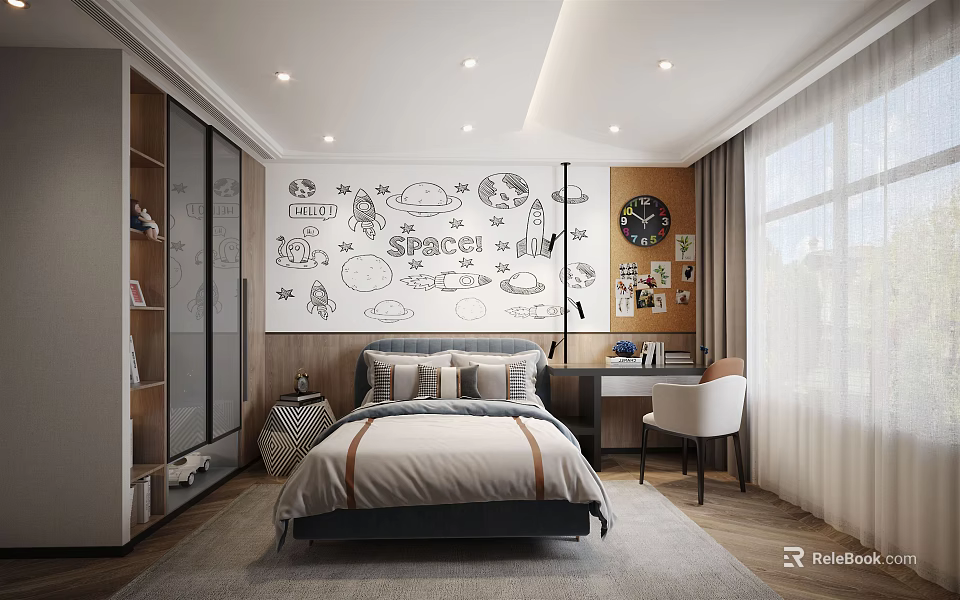 Space Themed Kids Room Interior With Rocket Wall Art Bed Desk And Bookshelf 3d model 