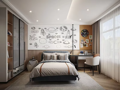 Space Themed Kids Room Interior With Rocket Wall Art Bed Desk And Bookshelf 3d model