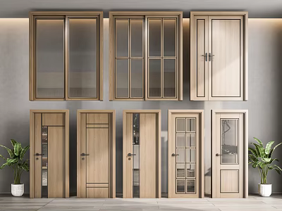 Wooden Hinged Doors Multiple Styles With Glass Panels And Solid Wood Designs For Home 3d model