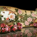 Traditional Art Installation Featuring Peony Flowers Scroll Background Decorative Fans And Red Ornaments