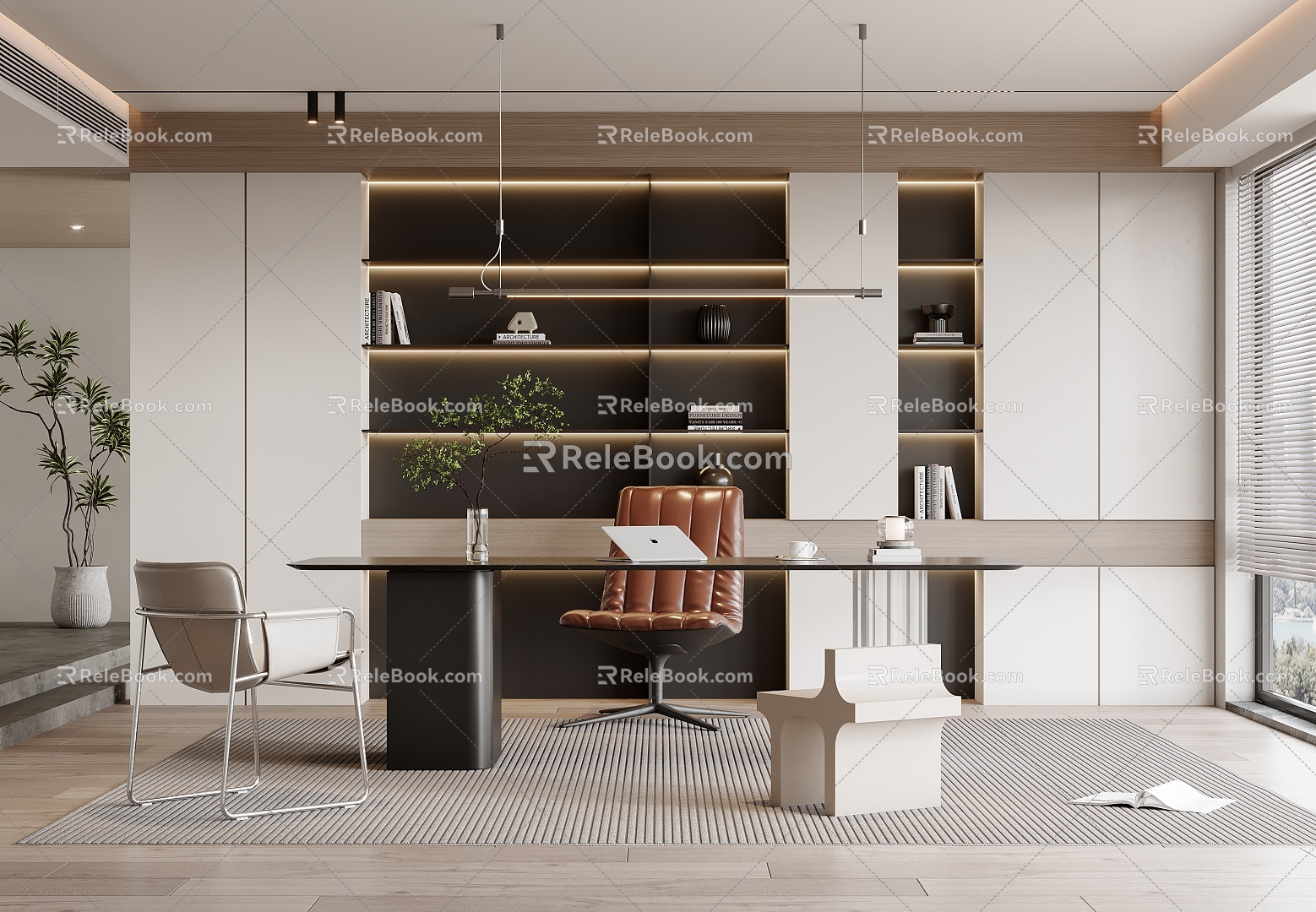 Modern Study Desk and Chair Combination Bookcase Potted Hanging Painting Chandelier Stool Single Chair Green Planting 3d model