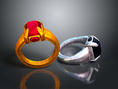 Stylish Gold Ring With Red Gemstone And Silver Ring With Black Gemstone 3d model