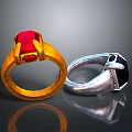 Stylish Gold Ring With Red Gemstone And Silver Ring With Black Gemstone 3d model