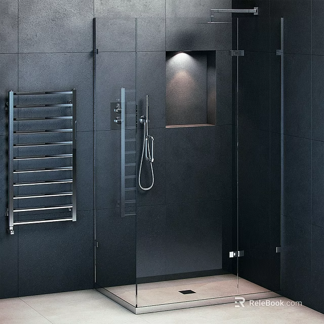Modern Black Bathroom Bathtub In Shower Area With Glass Door And Metal Rack 3d model 