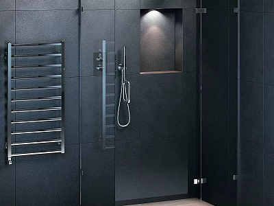 Modern Black Bathroom Bathtub In Shower Area With Glass Door And Metal Rack 3d model