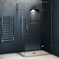 Modern Black Bathroom Bathtub In Shower Area With Glass Door And Metal Rack