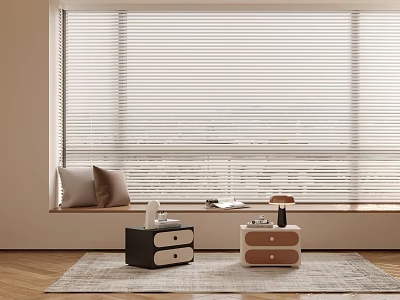 Window Side Arrangement With White Blinds Cushions And Colored Side Tables On Rug 3d model