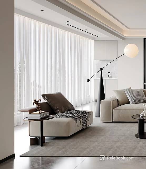 Modern Living Room Single Sofa With White Curtains Floor Lamp And Throw Pillows 3d model 